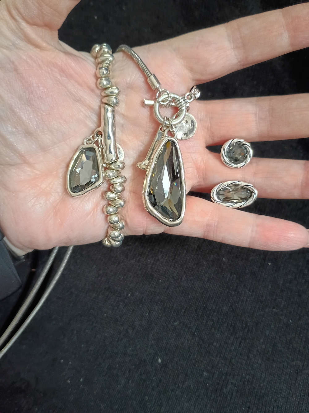 Silver-Tone Gray Crystal Pendant Necklace, Bracelet & Ring Set